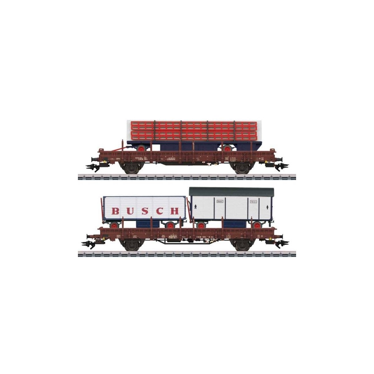 Type Ks 3300, Ks 3301 Stake Car Set - 3-Rail - Ready to Run -- German State Railroad DR w/Circus Busch Trailer Loads (Era IV 198