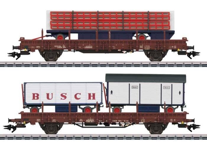 Type Ks 3300, Ks 3301 Stake Car Set - 3-Rail - Ready to Run -- German State Railroad DR w/Circus Busch Trailer Loads (Era IV 198