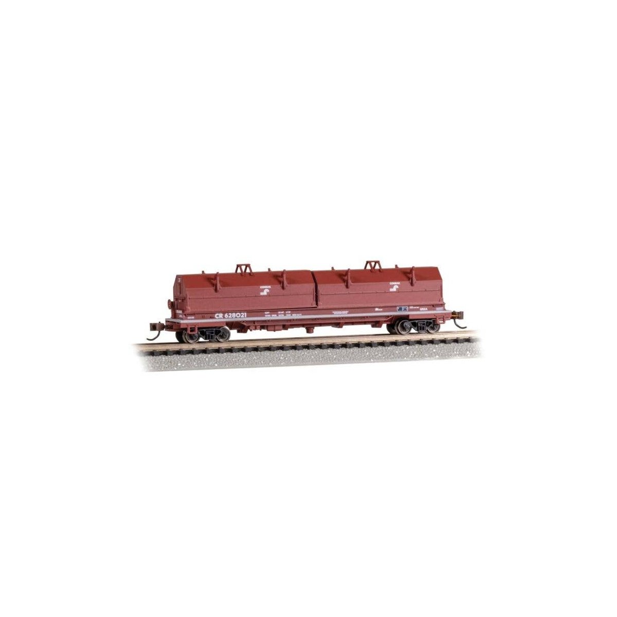 55′ Coil Car with Angled Hoods and Load - Ready to Run -- Conrail 628021 (Boxcar Red, white), N, Bachmann Industries 71453