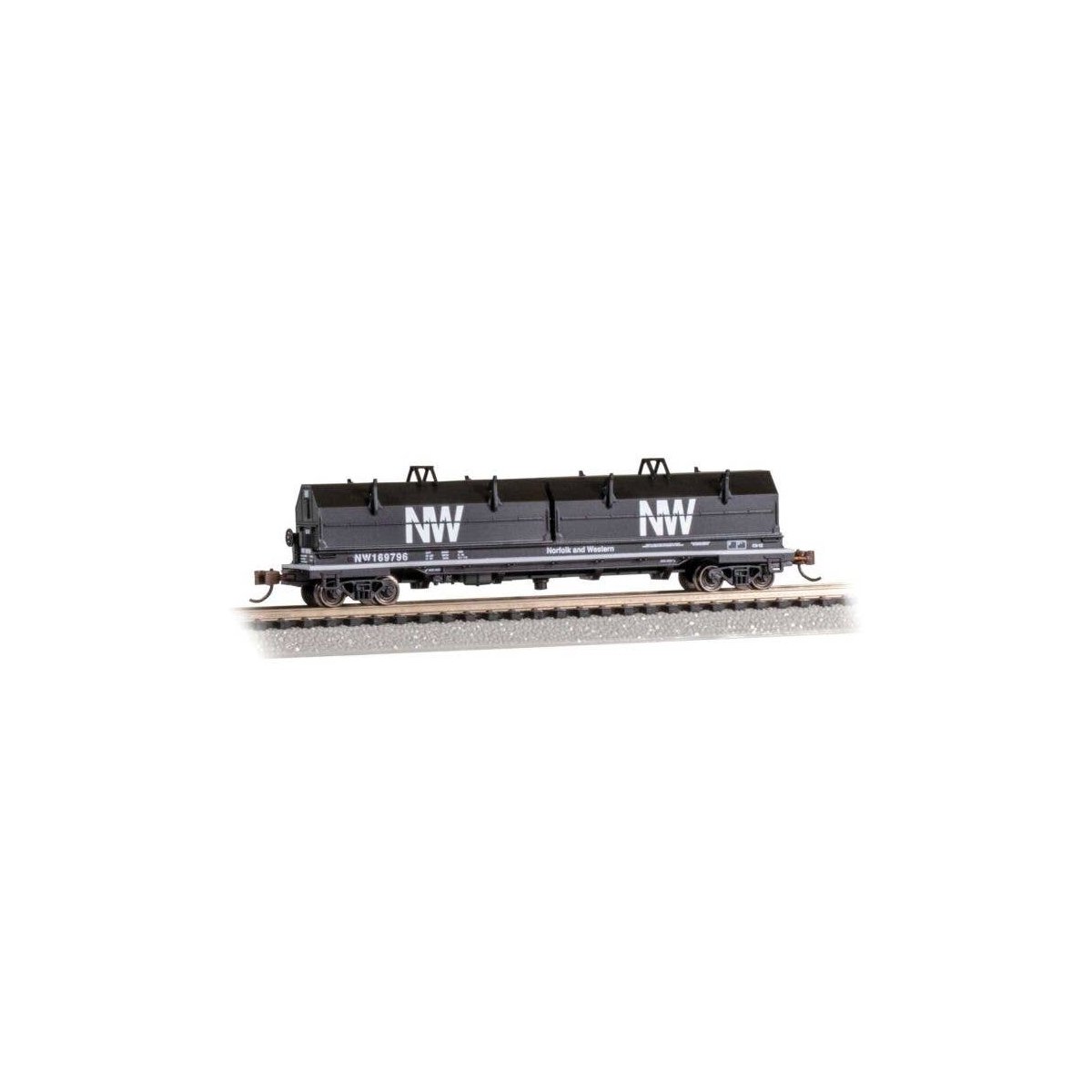 55′ Coil Car with Angled Hoods and Load - Ready to Run -- Norfolk & Western 169796 (black, white, NW Logo), N, Bachmann Indust