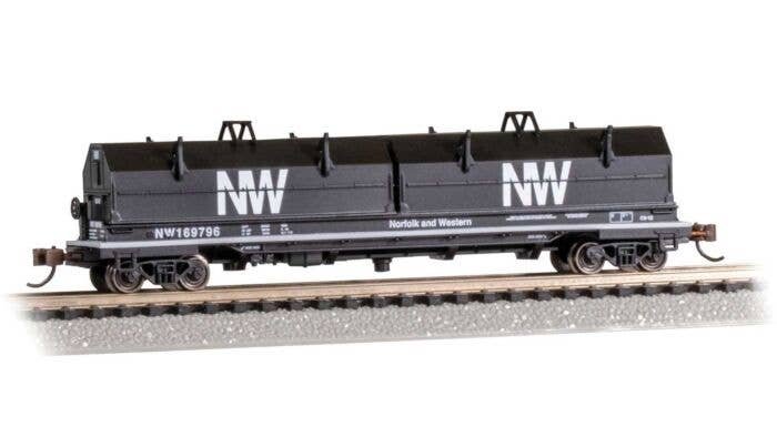 55′ Coil Car with Angled Hoods and Load - Ready to Run -- Norfolk & Western 169796 (black, white, NW Logo), N, Bachmann Indust