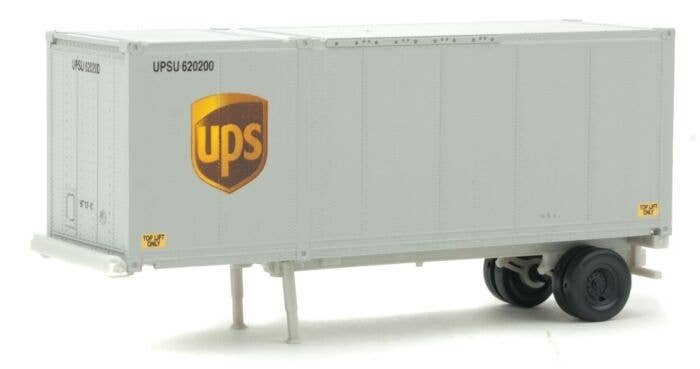 28′ Container with Chassis 2-Pack - Assembled -- United Parcel Service (Modern Shield Logo gray, brown, yellow), HO, Walthers 