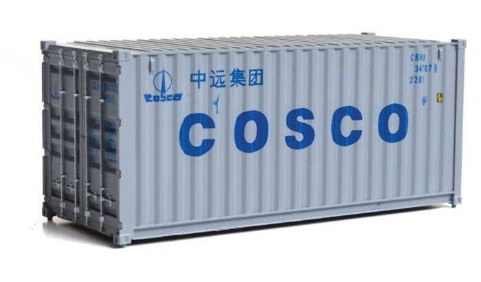 20′ Corrugated Container - Assembled -- China Ocean Shipping Company (gray, blue), HO, Walthers SceneMaster 8071