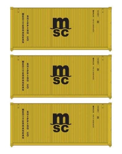20′ Fully Corrugated Container - 3-Pack -- Mediterranean Shipping Co., HO, Walthers SceneMaster 18054