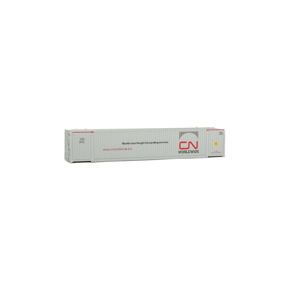 53′ Singamas Corrugated-Side Container - Assembled -- Canadian National (white, gray, red Worldwide Logo), HO, Walthers SceneM