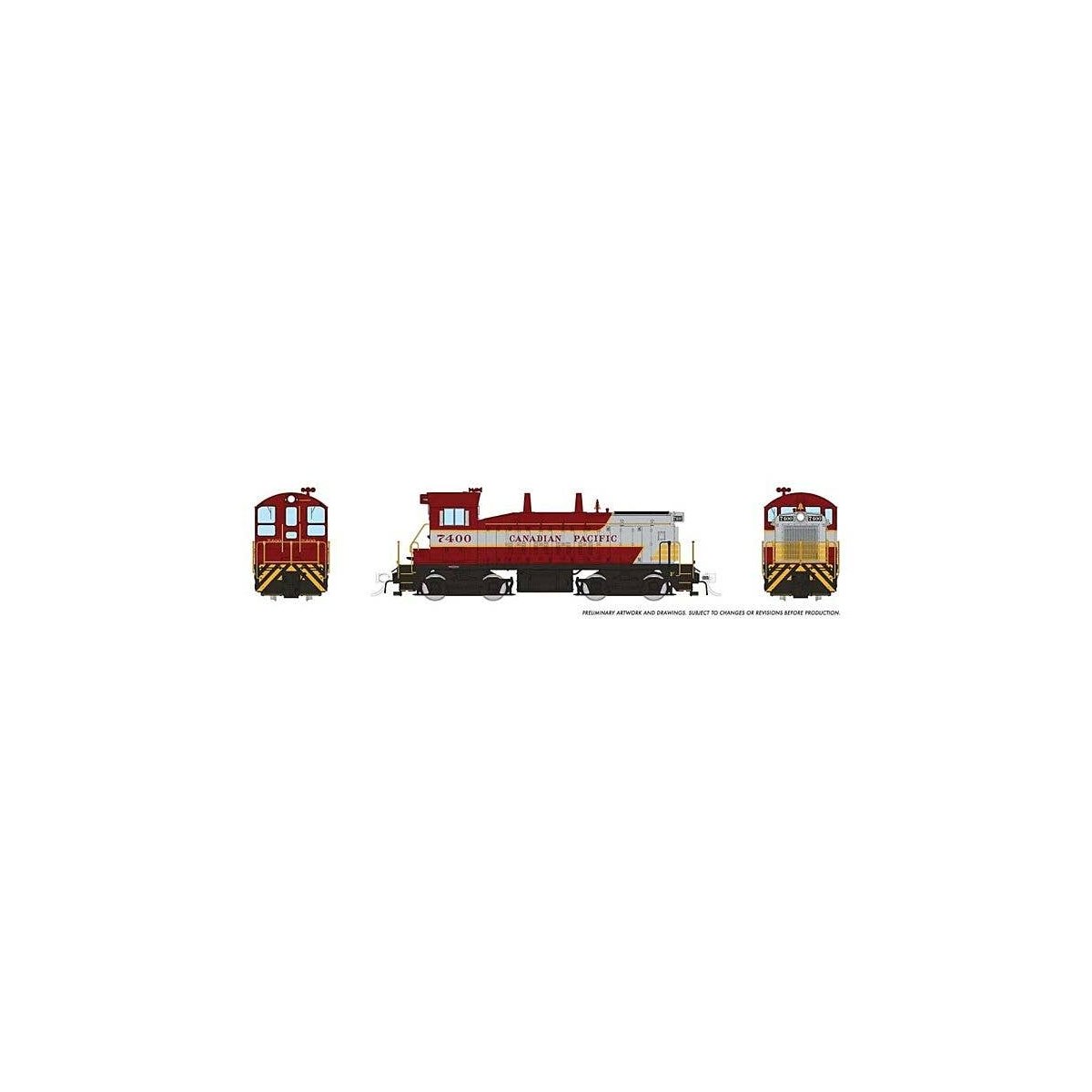 EMD SW9 - Standard DC -- Canadian Pacific 7400 (maroon, gray, yellow, Block Lettering), HO, Rapido Trains Inc 27074