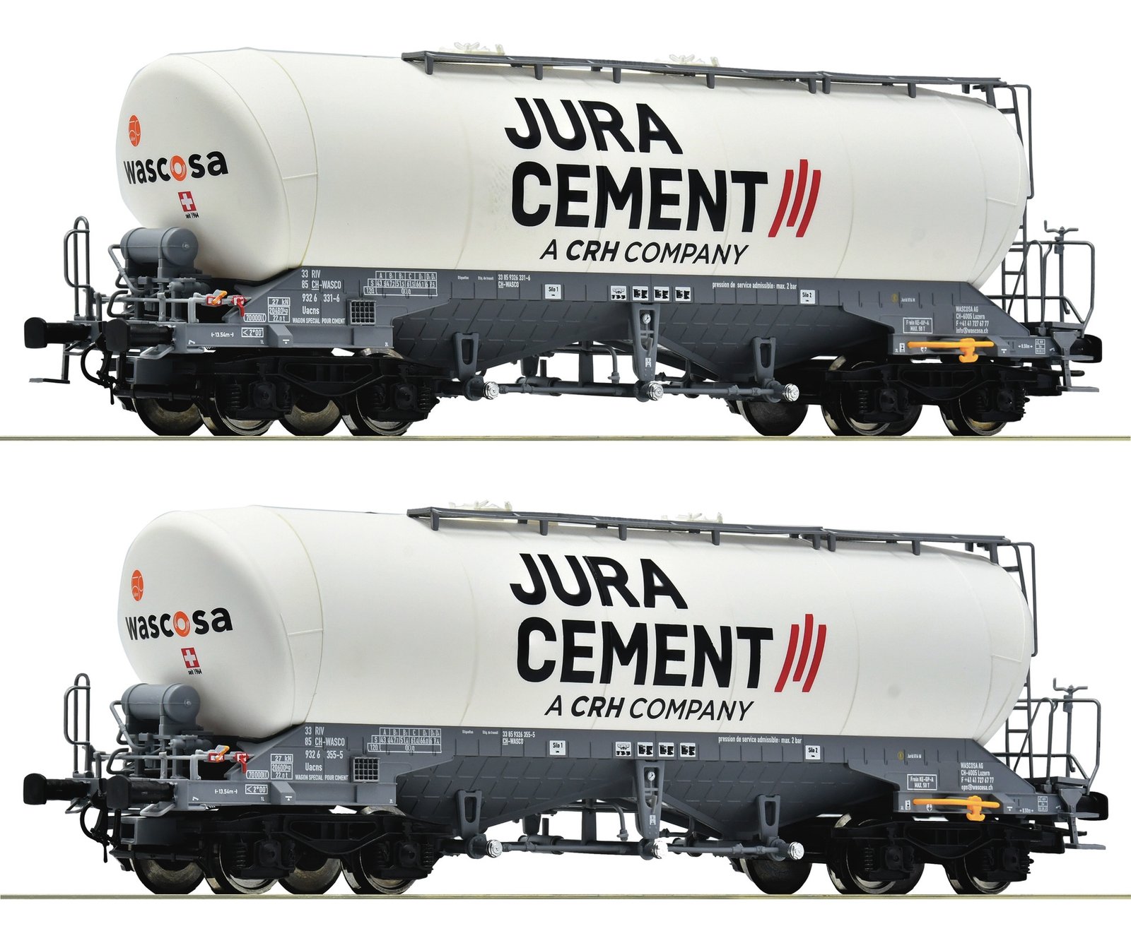 2 piece set: Silo wagons, Jura Cement/Wascosa, HO, Roco 6600191