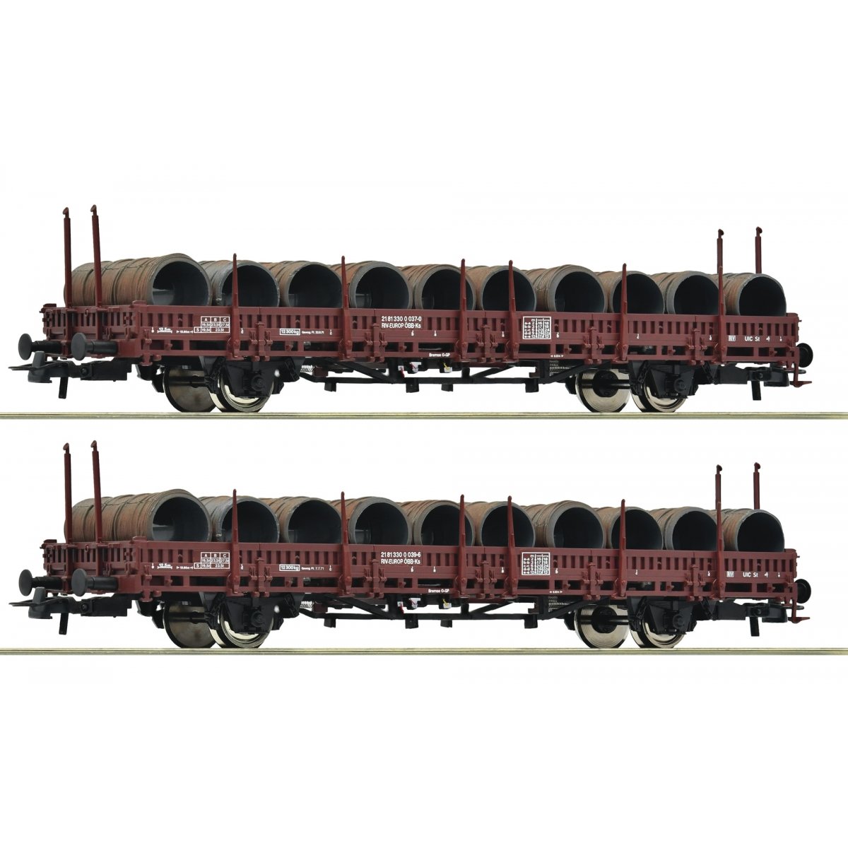 2-piece set: Swivel-type stake wagons, ÖBB, HO, Roco 6600120