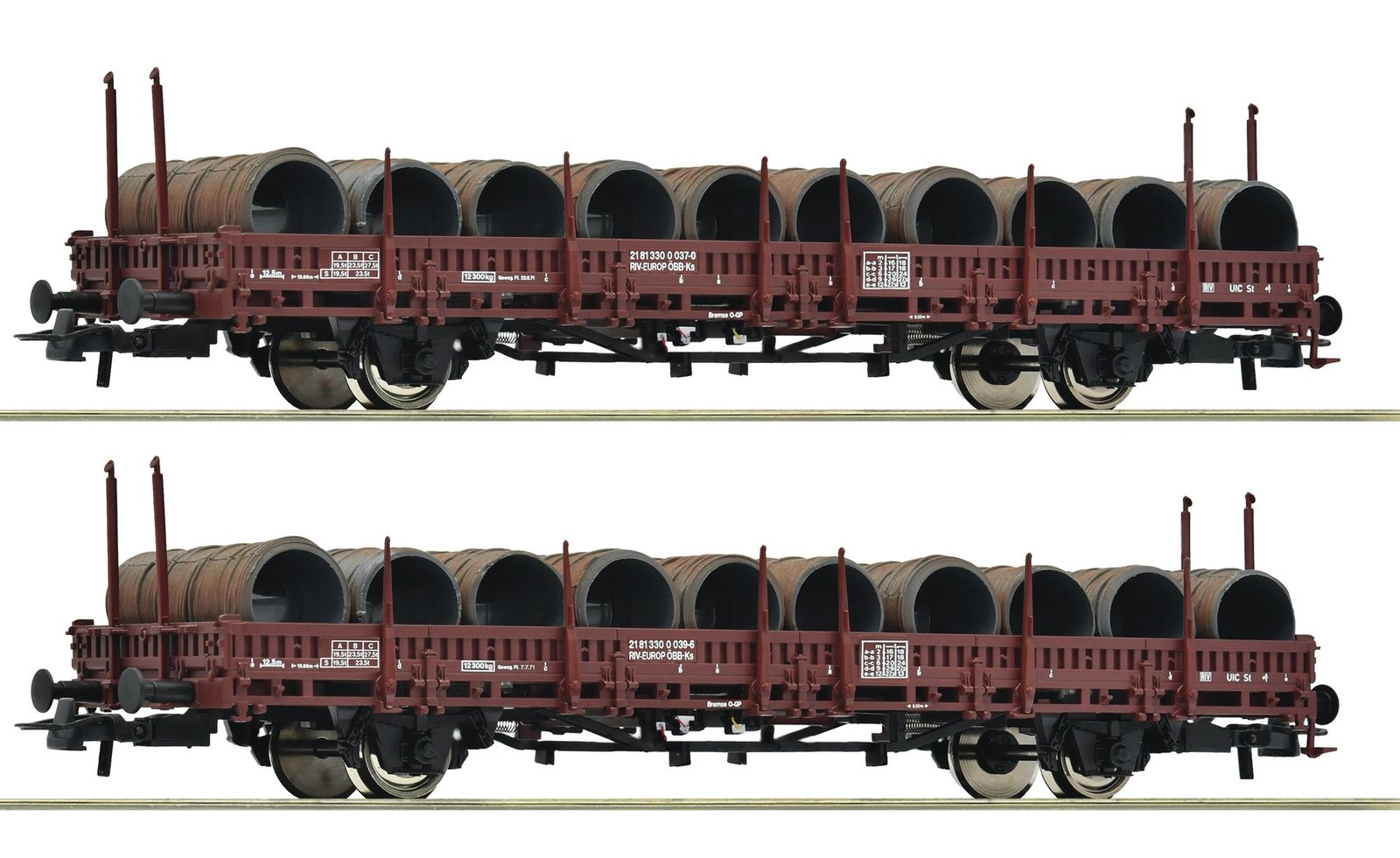 2-piece set: Swivel-type stake wagons, ÖBB, HO, Roco 6600120