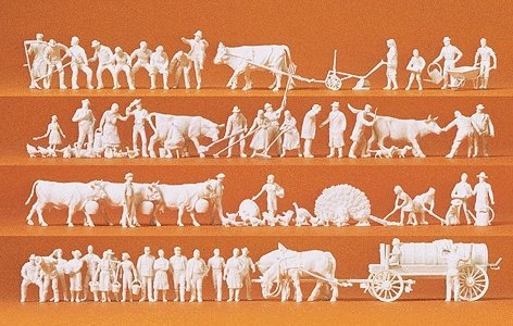 Working People -- Unpainted Country Figures (52 People & 50 Animals), HO, Preiser Kg 16354