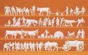 Working People -- Unpainted Country Figures (52 People & 50 Animals), HO, Preiser Kg 16354