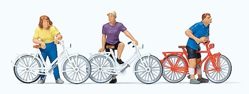 Cyclists Waiting At Crossing -- 3 Figures, 3 Bikes, HO, Preiser Kg 10637