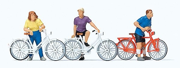 Cyclists Waiting At Crossing -- 3 Figures, 3 Bikes, HO, Preiser Kg 10637