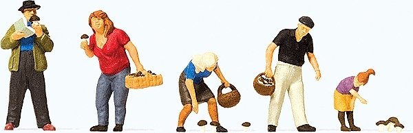 Sports & Recreation - Mushroom Pickers -- 2 Women, 2 Men, Girl, Mushrooms, HO, Preiser Kg 10620