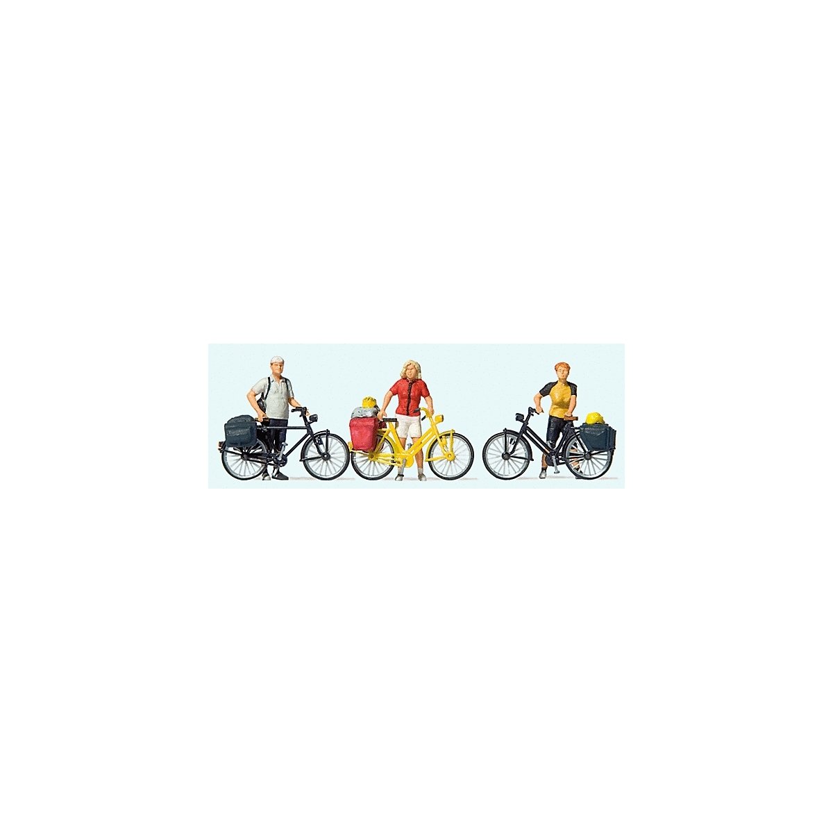 Standing Cyclists in Sportswear w/Bikes -- Set 1 pkg(3), HO, Preiser Kg 10643