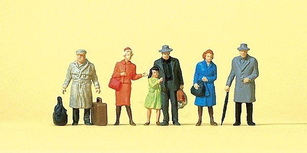 Passengers -- Standing Travelers Wearing Coats pkg(6), HO, Preiser Kg 14044