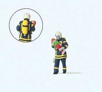 Modern Firefighter Saving Child Individual Figure -- Blue Uniform, HO, Preiser Kg 28251