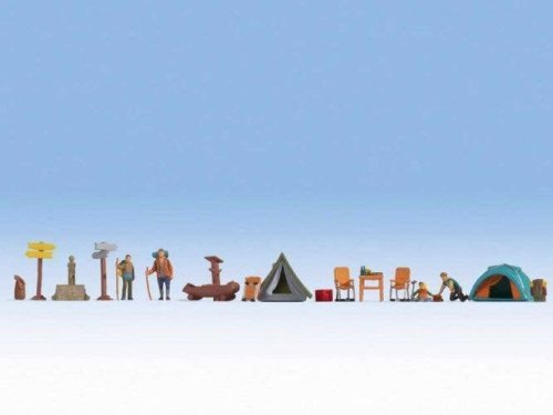 Camping with Accessories -- 4 Figures, 2 Tents, Camp Accessories, HO, Noch Gmbh & Co 16201