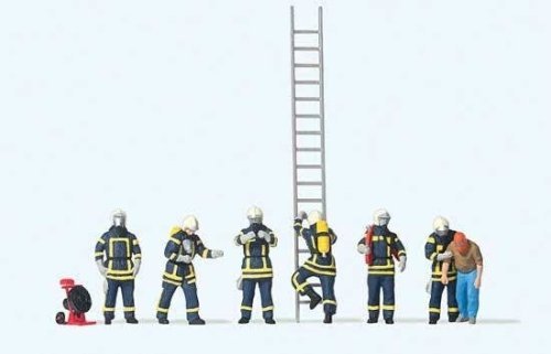 Modern Firefighters with Breathing Apparatus -- 6 Figures in Blue Uniforms, 1 Rescued Man, Accessorie, HO, Preiser Kg 10765