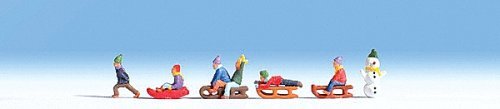Children in the Snow -- 6 Kids, 4 Sleds & Snowman, HO, Noch Gmbh & Co 15819