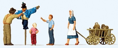 Putting up the Scarecrow -- 4 Figures, Scarecrow & Cart, HO, Preiser Kg 10650