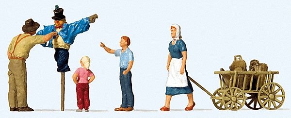 Putting up the Scarecrow -- 4 Figures, Scarecrow & Cart, HO, Preiser Kg 10650