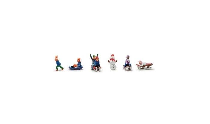 Children Sledding - Scenic Accents(R) -- 5 Children, Snowman, HO, Woodland Scenics 1966