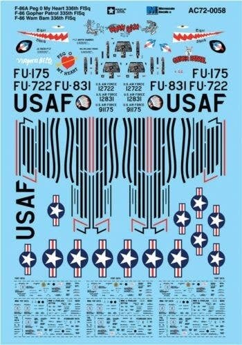 Military Aircraft Decal Set -- F-86A Peg 0 My Heart 336th F-86 Gopher 335th F-86 , 1/72, Microscale Industries Inc AC720058