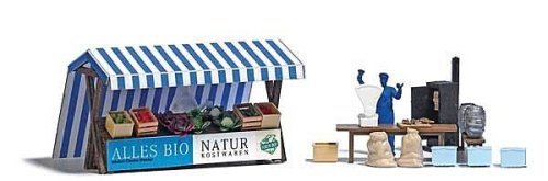 Two Outdoor Market Stalls - Laser-Cut Kit -- Organic Veg & Smoked Fish (German Signs), 2 Unpai, HO, Busch Gmbh & Co Kg 1823