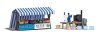 Two Outdoor Market Stalls - Laser-Cut Kit -- Organic Veg & Smoked Fish (German Signs), 2 Unpai, HO, Busch Gmbh & Co Kg 1823