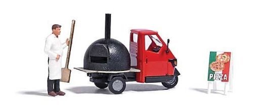 Piaggio Ape with Pizza Oven, Figure, Pizza Peel, Sign - Action Set, HO, Busch Gmbh & Co Kg 7992