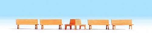 Wood Board Benches -- 4 Benches, 1 Circular Bench, HO, Noch Gmbh & Co 14851