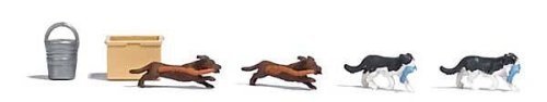 Little Thieves - Action Set -- 2 Cats w/Fish, 2 Dogs w/Sausage, Bucket, Bin, HO, Busch Gmbh & Co Kg 7993