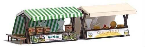 Two Outdoor Market Stalls - Laser-Cut Kit -- Cucumber & Cheese (German Signs), 2 Unpainted Fig, HO, Busch Gmbh & Co Kg 1822