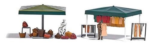 2 Outdoor Market Stalls Complete Miniature Scene -- 2 Figures, Clothes, Chair, 2 Canopies, Clo, HO, Busch Gmbh & Co Kg 1825