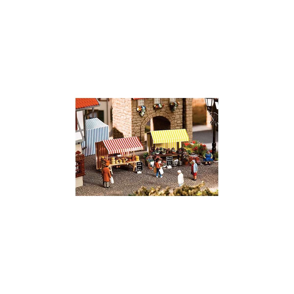 Farmers Market Sales Tents -- Kit - 1 Each Cheese & Flower Tents w/Accessories, HO, Faller Gmbh 180614