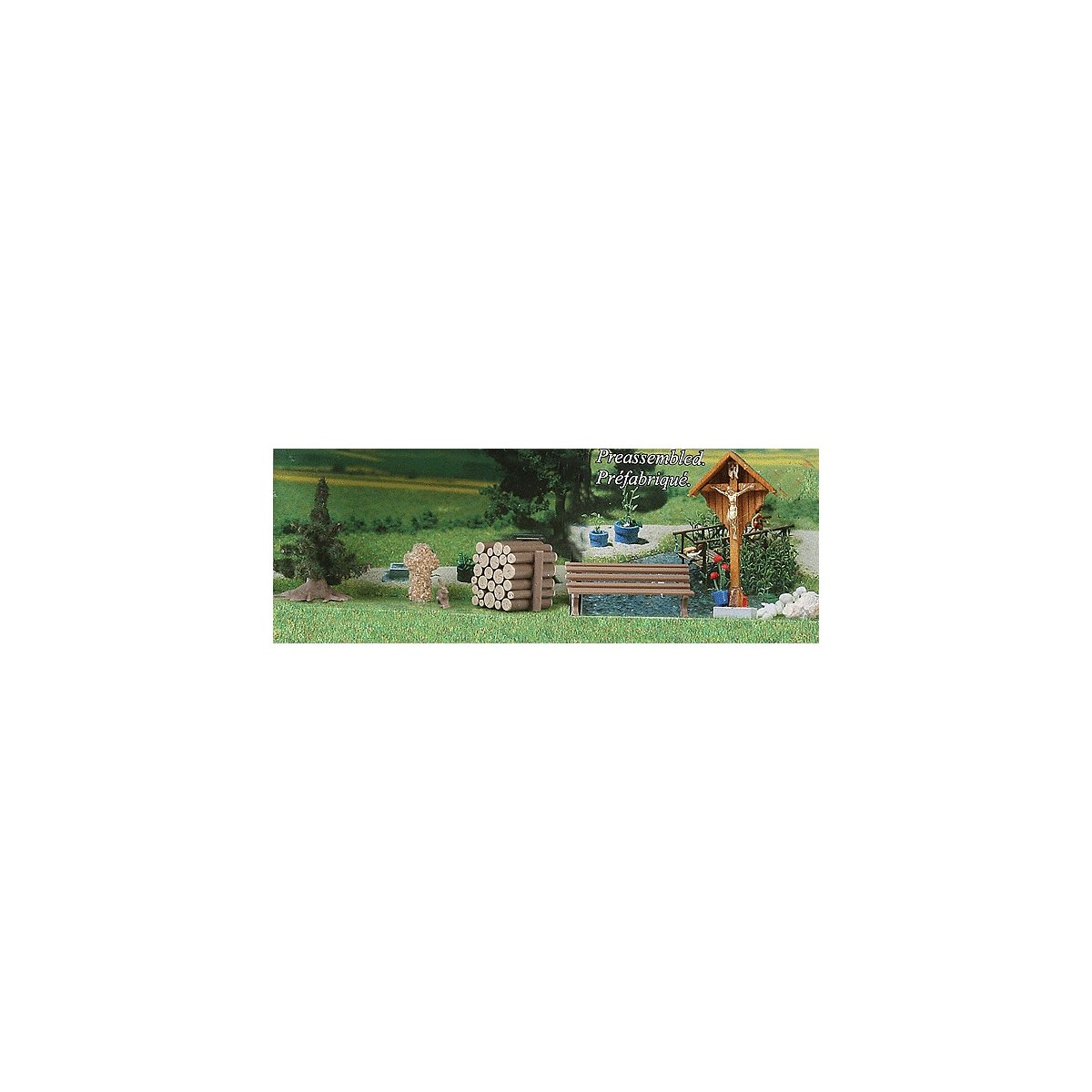 Wayside Cross & Accessories - Kit (Laser-Cut Wood) -- Bench, Wood Pile, Stone Foundling, Stone, HO, Busch Gmbh & Co Kg 1148