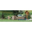 Wayside Cross & Accessories - Kit (Laser-Cut Wood) -- Bench, Wood Pile, Stone Foundling, Stone, HO, Busch Gmbh & Co Kg 1148