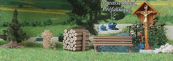 Wayside Cross & Accessories - Kit (Laser-Cut Wood) -- Bench, Wood Pile, Stone Foundling, Stone, HO, Busch Gmbh & Co Kg 1148