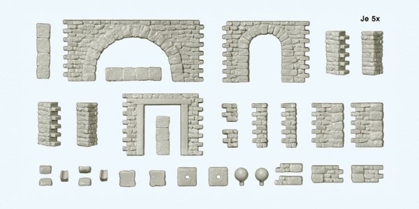 Quarrystone Walls -- With Doorways, Arches & Corner Posts, HO, Preiser Kg 18217