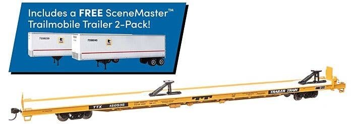 89′ Channel Side Flatcar w/2 Trailmobile Trailers - Ready to Run -- Trailer-Train TTX 150535 (yellow, black US Post Office Tra