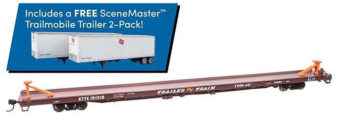 89′ Channel Side Flatcar w/2 Trailmobile Trailers - Ready to Run -- Trailer-Train KTTX 151015 (Boxcar Red Milwaukee Trailers),