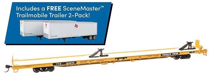 89′ Channel Side Flatcar w/2 Trailmobile Trailers - Ready to Run -- Trailer-Train TTX 150272 (yellow, black Milwaukee Trailers