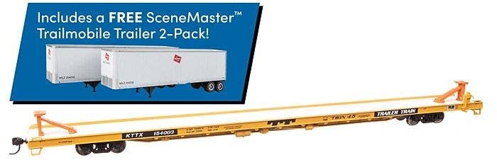 89′ Channel Side Flatcar w/2 Trailmobile Trailers - Ready to Run -- Trailer-Train KTTX 154003 (yellow, black Milwaukee Trailer