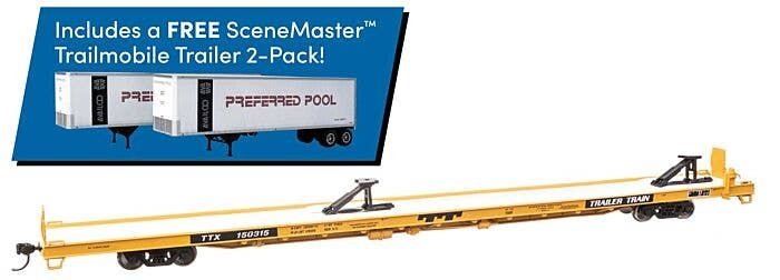 89′ Channel Side Flatcar w/2 Trailmobile Trailers - Ready to Run -- Trailer-Train TTX 150315 (yellow, black Preferred Pool Tra