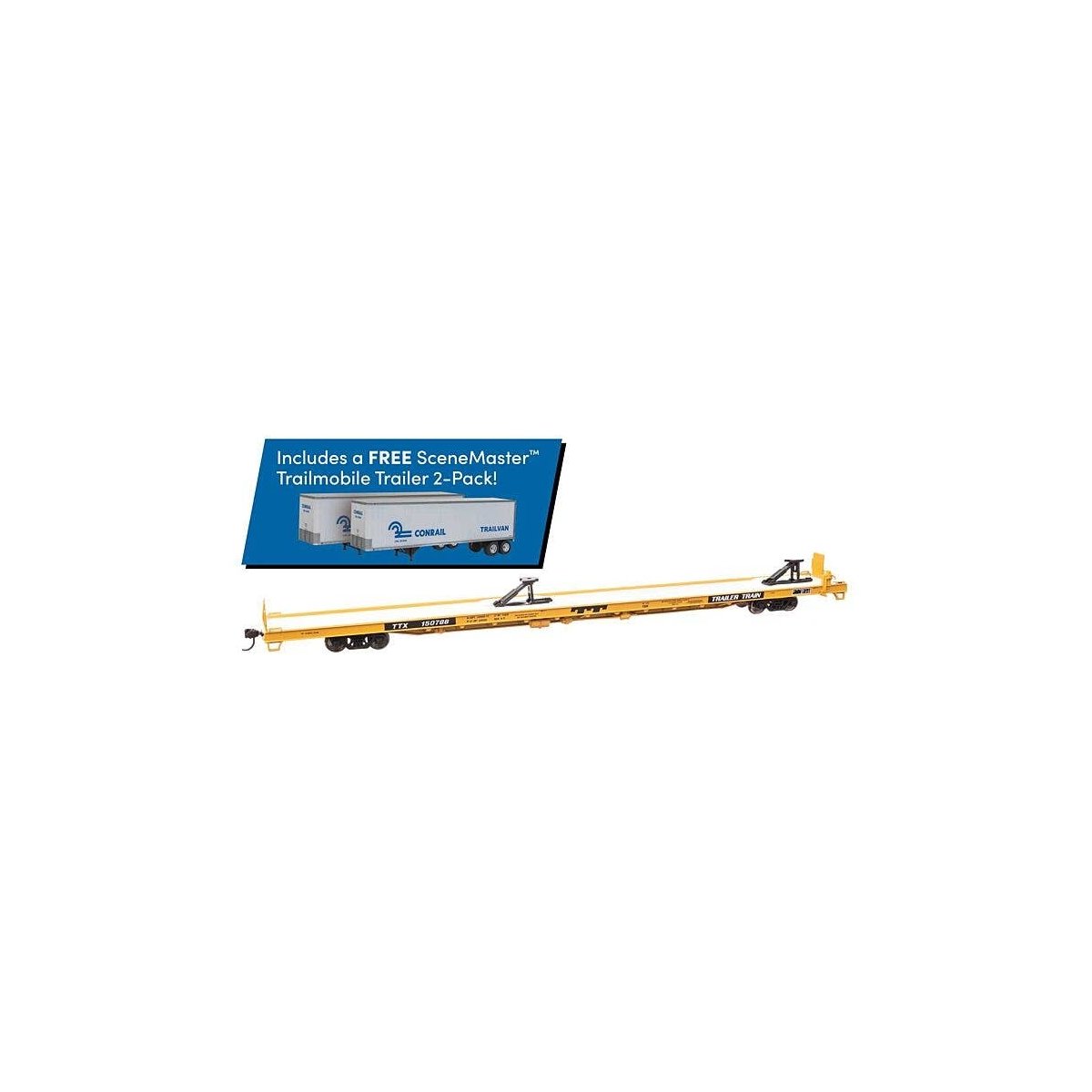 89′ Channel Side Flatcar w/2 Trailmobile Trailers - Ready to Run -- Trailer-Train TTX 150788 (yellow, black Conrail Trailers),