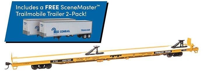 89′ Channel Side Flatcar w/2 Trailmobile Trailers - Ready to Run -- Trailer-Train TTX 150788 (yellow, black Conrail Trailers),