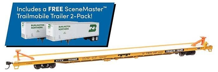 89′ Channel Side Flatcar w/2 Trailmobile Trailers - Ready to Run -- Trailer-Train KTTX 153988 (yellow, black Burlington Northe
