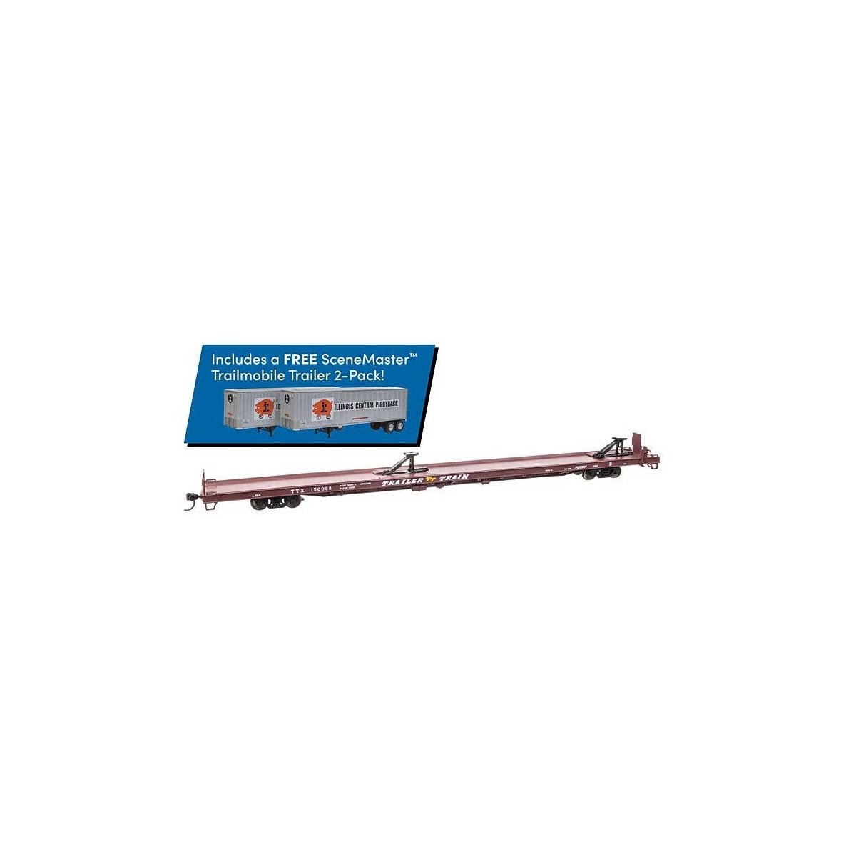 89′ Channel Side Flatcar w/2 Trailmobile Trailers - Ready to Run -- Trailer-Train TTX 150088 (Boxcar Red Illinois Central Trai