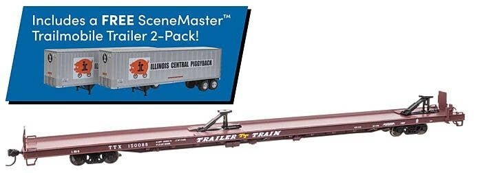 89′ Channel Side Flatcar w/2 Trailmobile Trailers - Ready to Run -- Trailer-Train TTX 150088 (Boxcar Red Illinois Central Trai